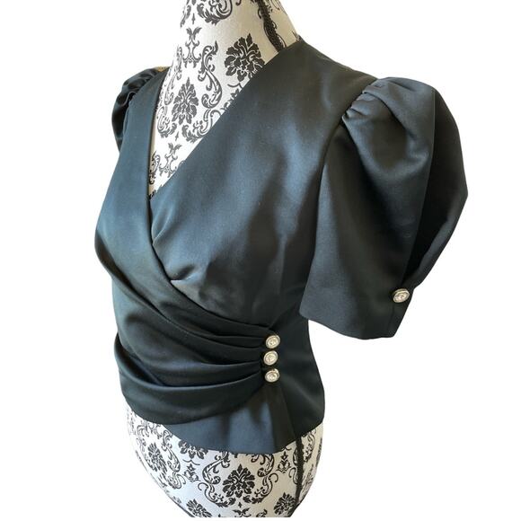 Darcy Vintage 80s Black Formal Satin Taffeta Puff Sleeves Wrap Blouse S - Picture 2 of 8